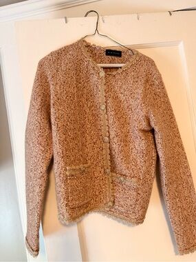 Elie Tahari Bouclé Knit Cardigan in Blush Beige with Gold Trim